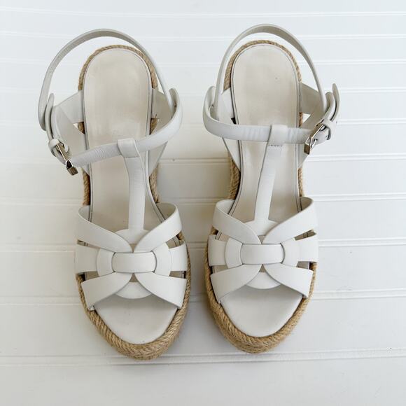 Saint Laurent Tribute T-Strap Espadrille Platform Wedge Sandals White Leather - Picture 9 of 10